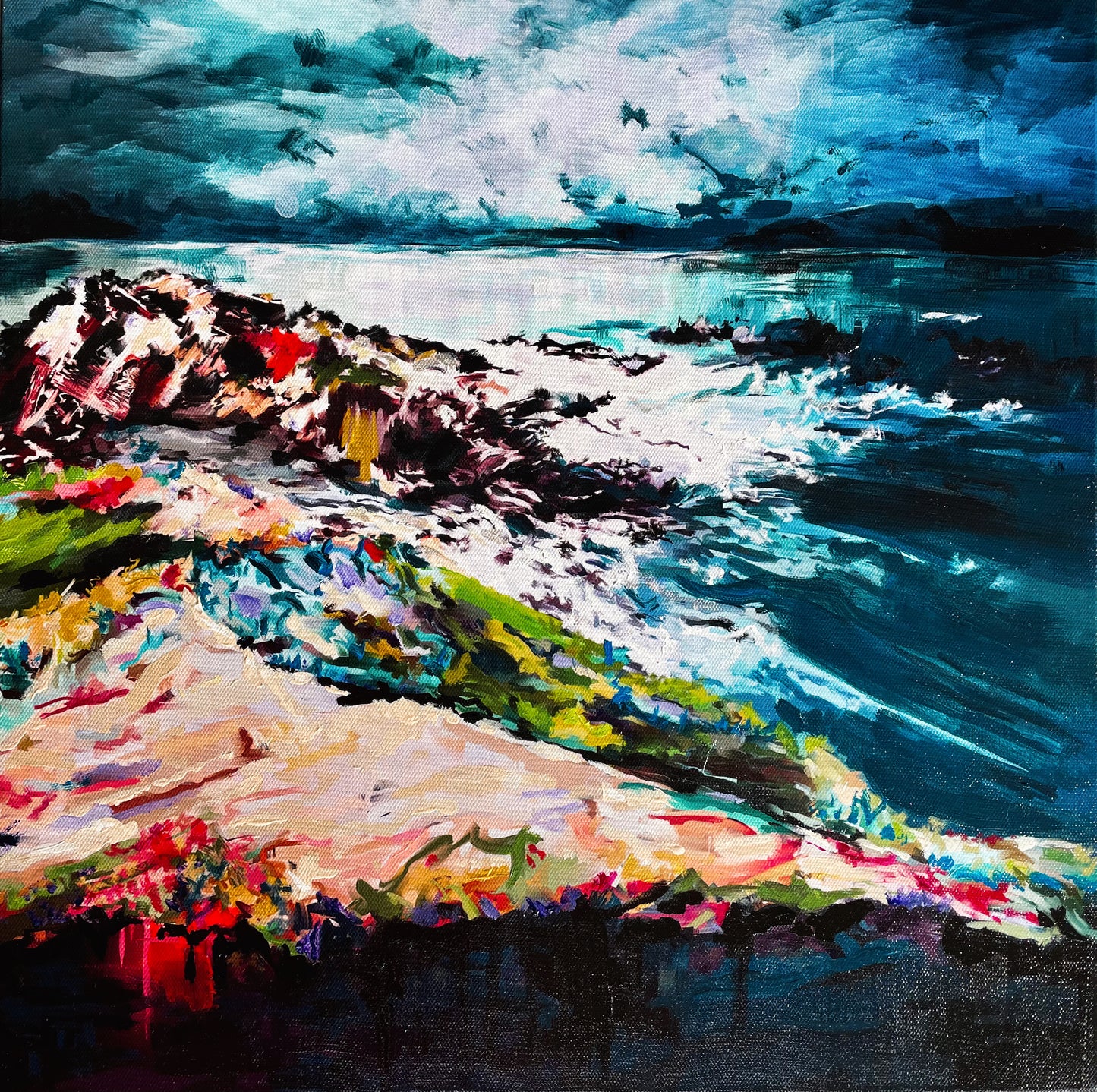 Seascape painting. Colourful original art on stretched canvas, ready to hang.