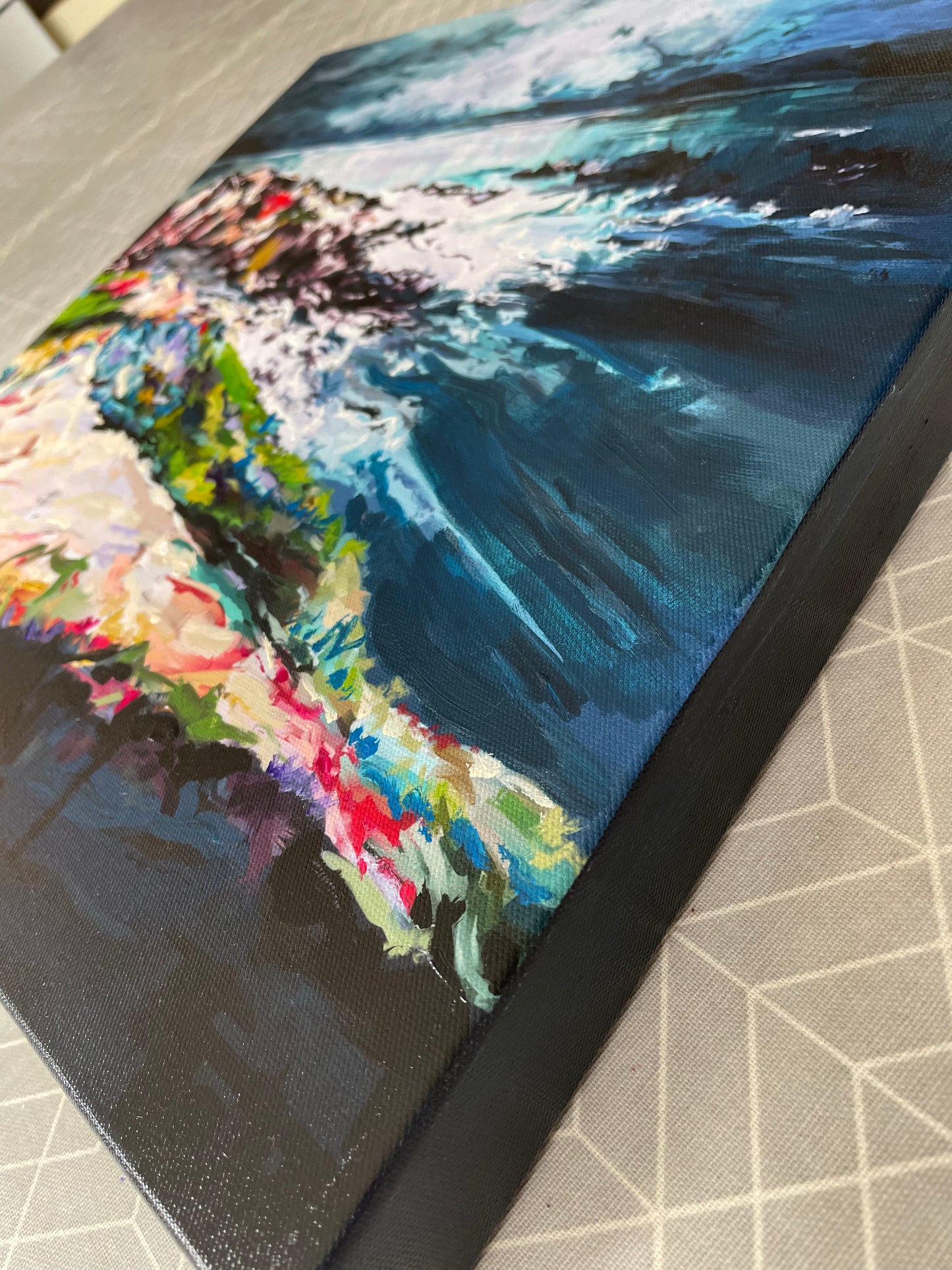 Seascape painting. Colourful original art on stretched canvas, ready to hang.
